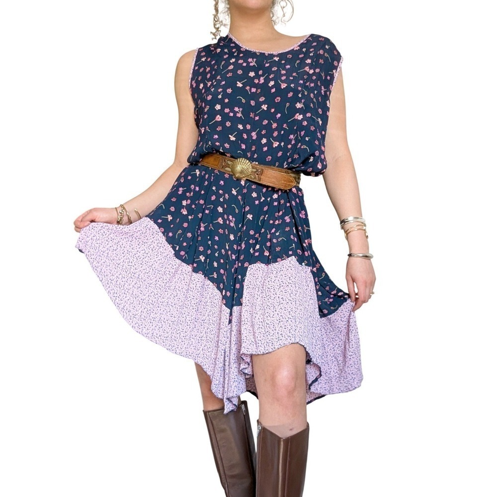 Vintage 90s Whimsy Boho Whimsigoth Color-Block Dark Floral Midi Dress